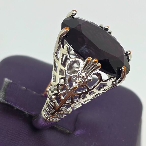Stunning Oval Faceted Purple Stone Silver Filigree Victorian Style Ring - SZ 7 - Picture 8 of 13